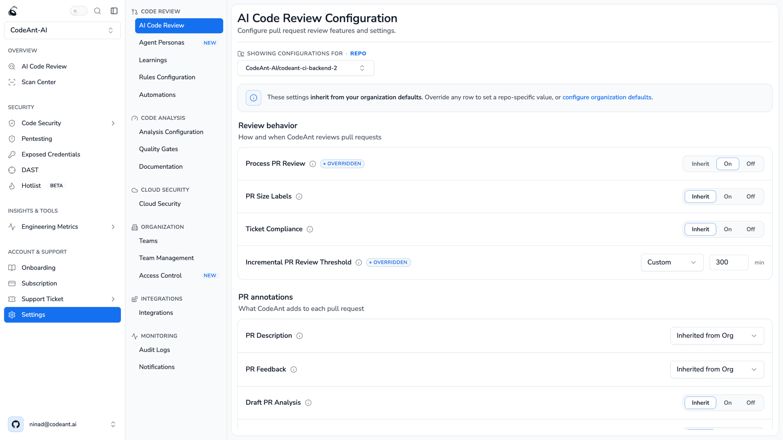 CodeAnt AI Code Review Configuration page showing review behavior toggles and PR annotation settings