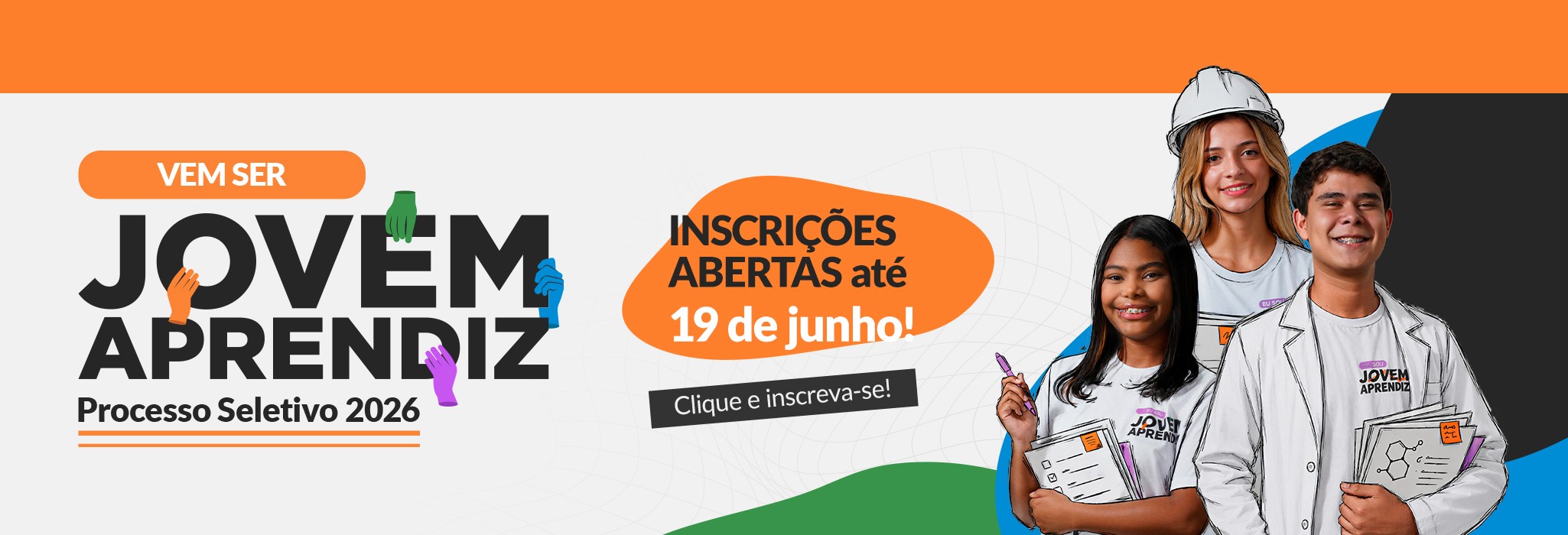 Logotipo FUVS com texto de apoio, ao fundo uma foto do prédio da instituição, ao lado direito do banner 3 pessoas, incluindo uma estudante, um médico e um aluno do ensino fundamental.