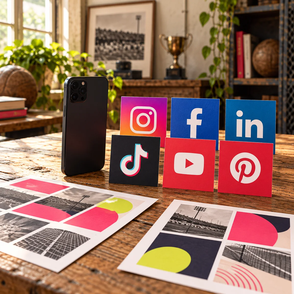 Smartphone et cartes aux logos des réseaux sociaux, sur une table en bois.