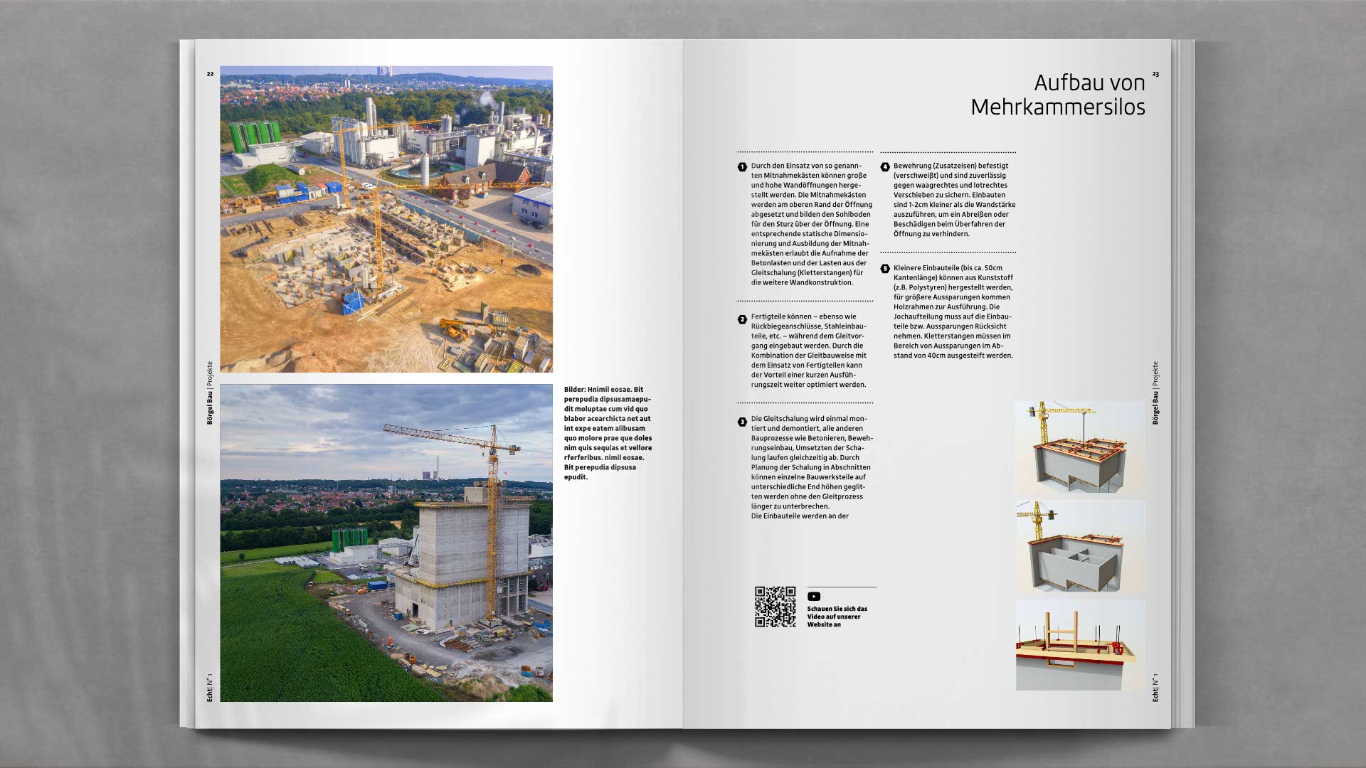 Doppelseite mit Projektbericht aus dem Bereich Ingenieurbau – übersichtlich strukturiert, mit Bild-Text-Komposition und pointierter Farbführung.