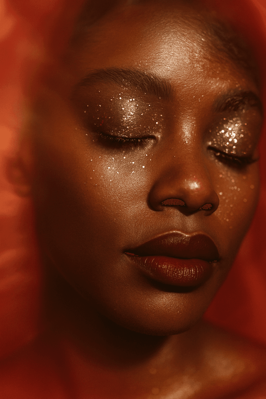 A close-up of a person wearing green-tinted glasses, with a serious expression and smooth skin.