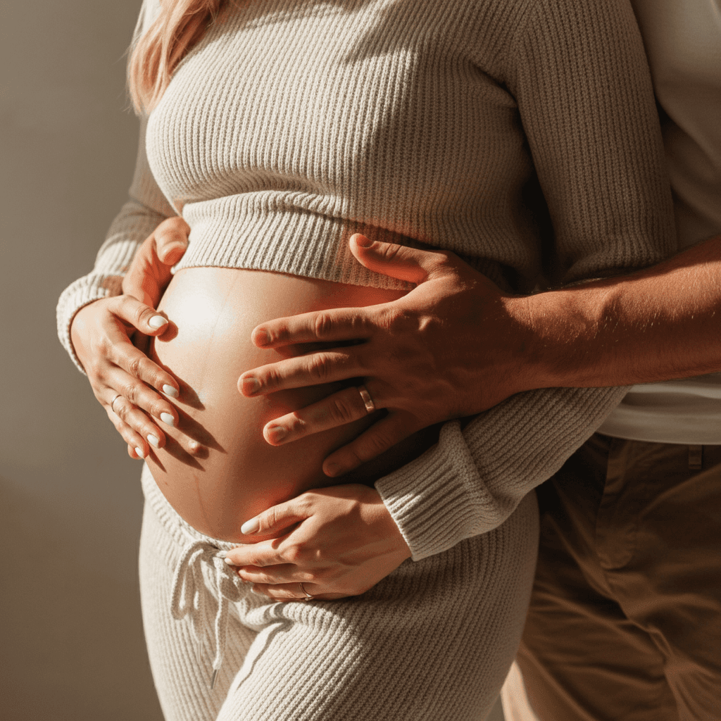 Happy family sitting on a couch, warmly lit by sunlight, smiling and enjoying time together.