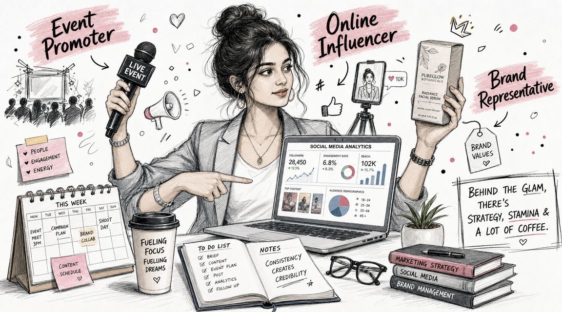 A woman illustrating the roles of event promoter, online influencer, and brand representative with marketing tools.