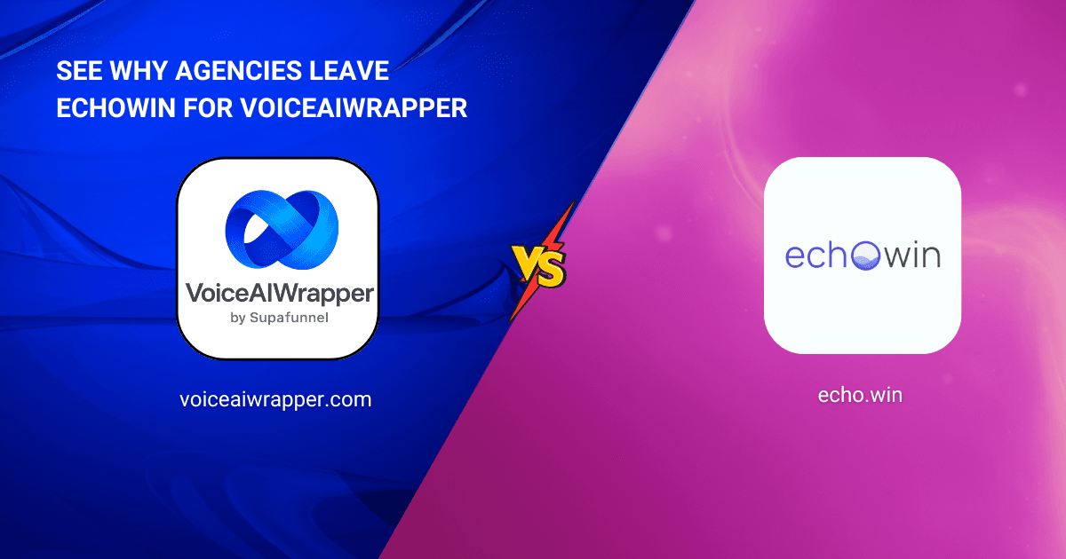 VoiceAIWrapper and echowin logos in a versus comparison cover positioning VoiceAIWrapper as the echowin alternative for agencies | VoiceAIWrapper.