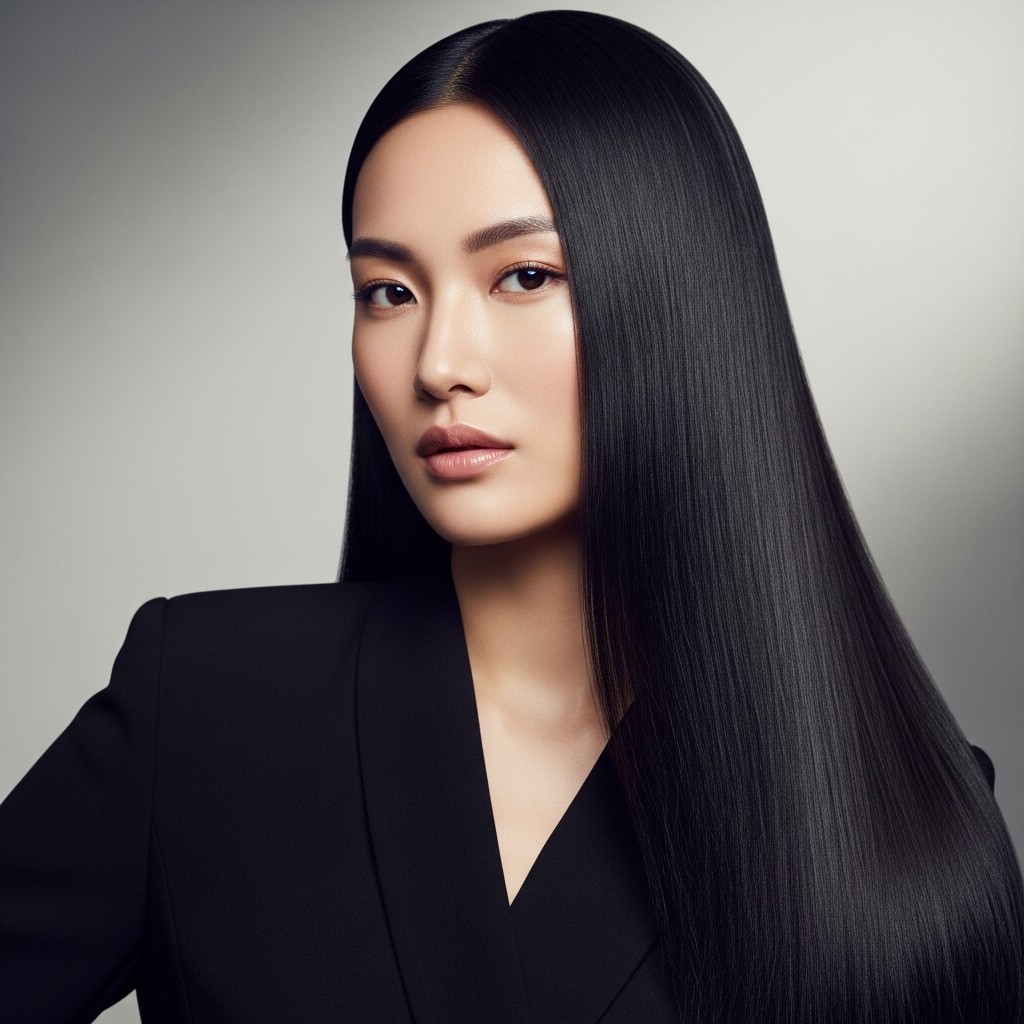 Portrait of an Asian woman with long, sleek black hair wearing a black blazer against a grey background.