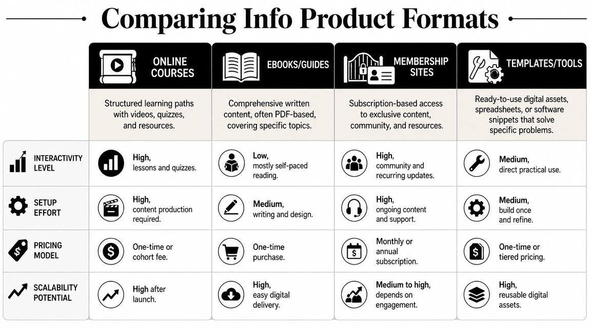 A comparison chart outlining the key features, interactivity, effort, pricing, and scalability of different info product formats.