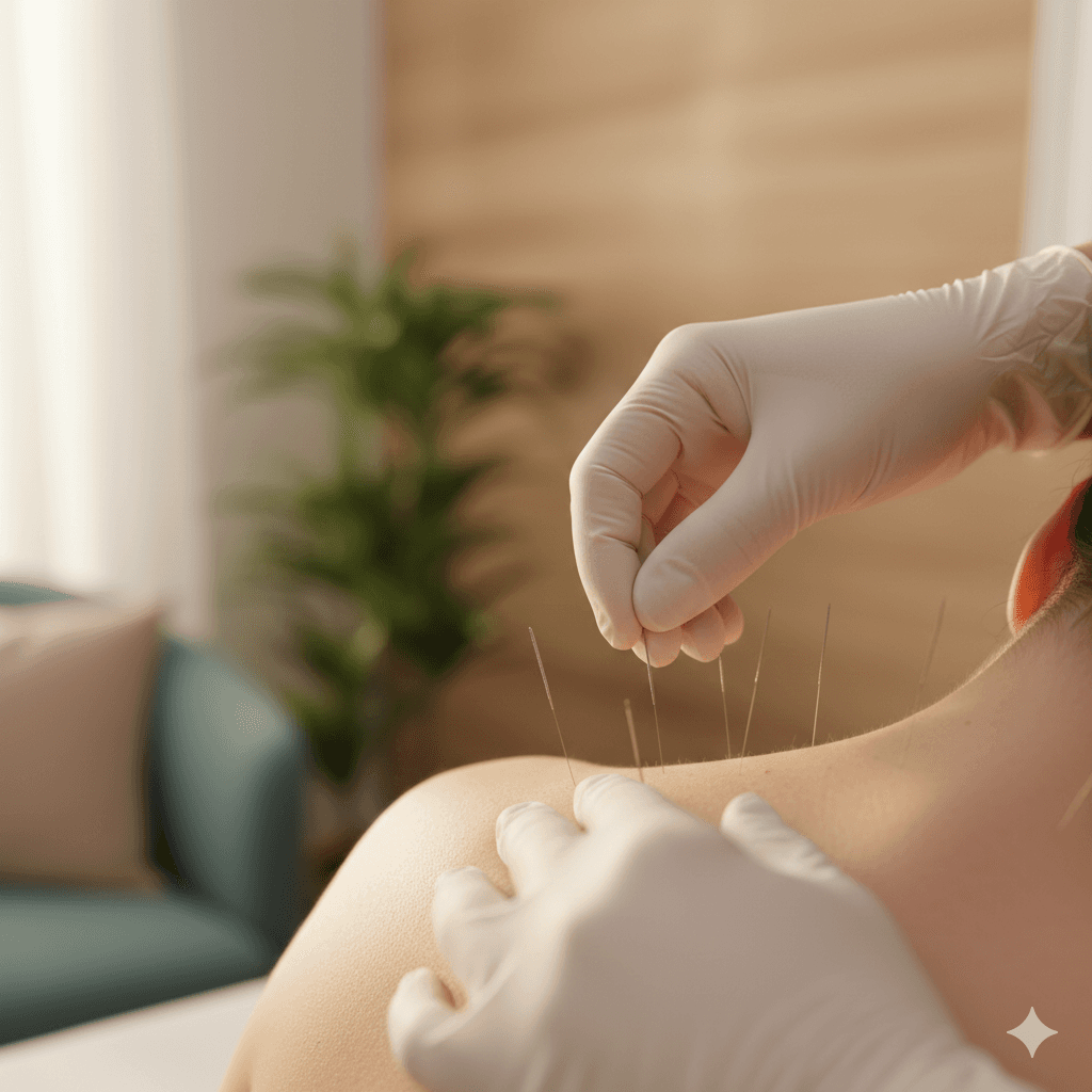 A physical therapist wearing white gloves performing dry needling therapy on a patient's shoulder and upper back.