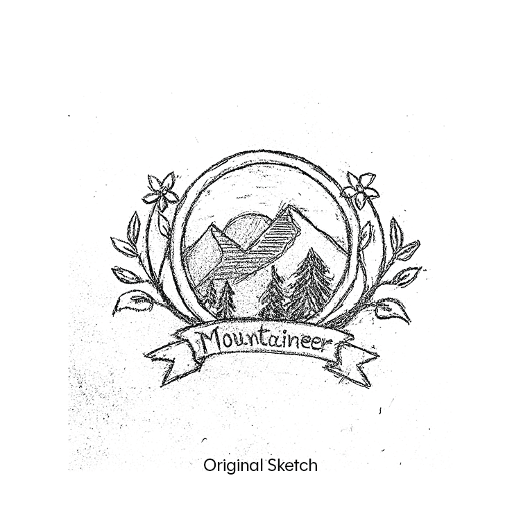 Original hand-drawn Mountaineer Lager badge sketch with mountains, evergreens, and a banner.