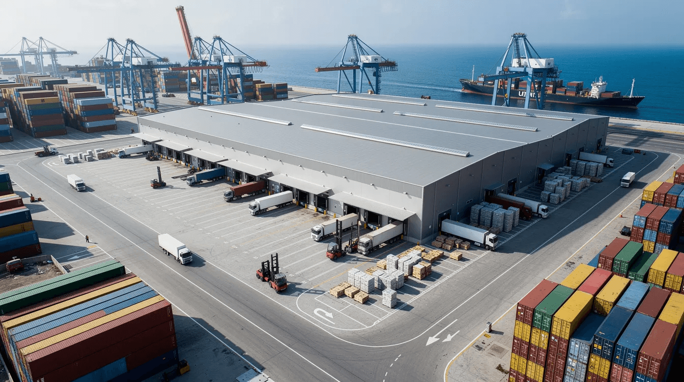The image depicts a large warehouse filled with shipping containers and various logistics equipment in a bustling port area, highlighting the essential role of supply chain management and compliance with UAE tax regulations for businesses operating in this sector. This environment underscores the importance of VAT compliance and the need for expert VAT consultancy services to navigate complex VAT regulations effectively.
