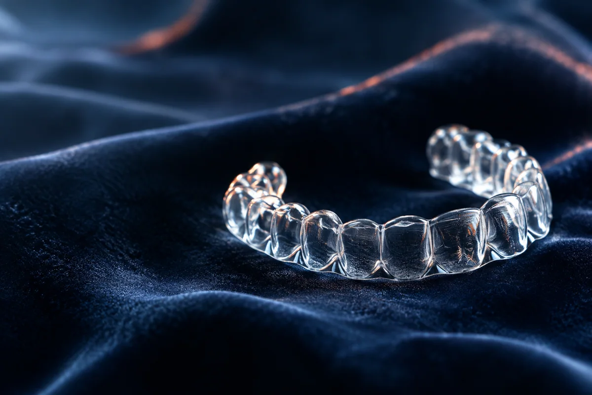 A clear aligner resting on navy velvet