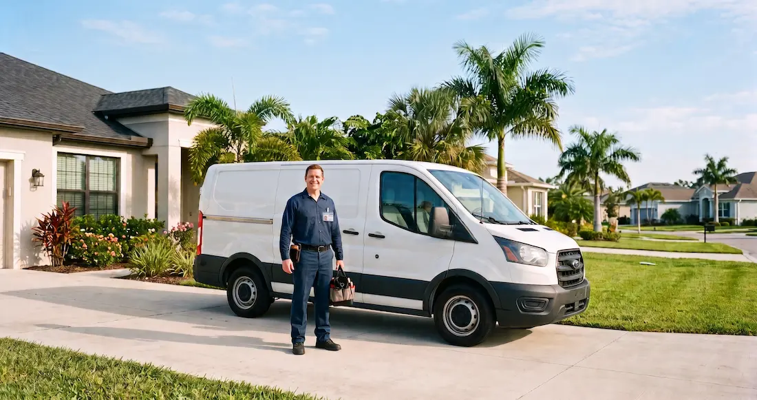 A home-service technician with a work van in the driveway of a newer Bradenton-area home.