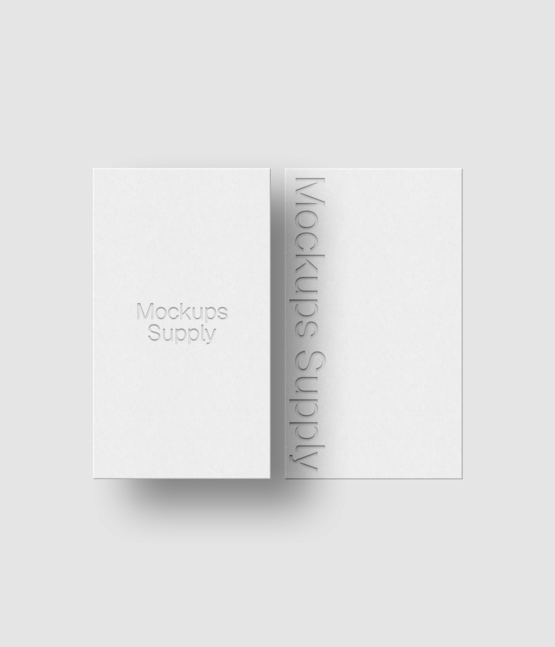 2 US Canada business cards mockup portrait for Photoshop with shadow and debossed text effect, white cards on white background, minimal branding and stationery presentation