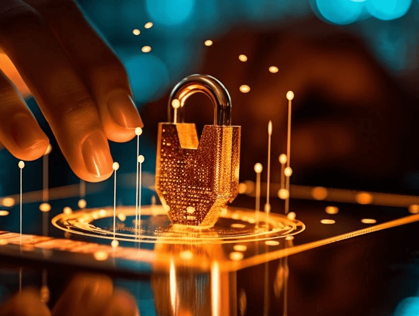 Eine Nahaufnahme einer Hand, die ein goldenes Vorhängeschloss platziert (als Symbol für Datenschutz und Informationssicherheit).