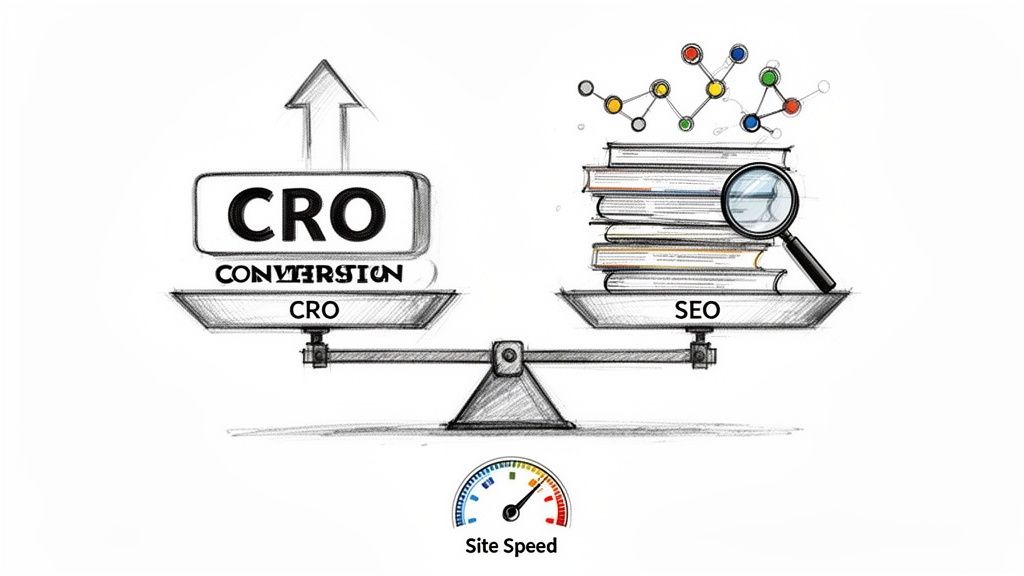 Visual comparison of Conversion Rate Optimization (CRO) and Search Engine Optimization (SEO) with site speed.