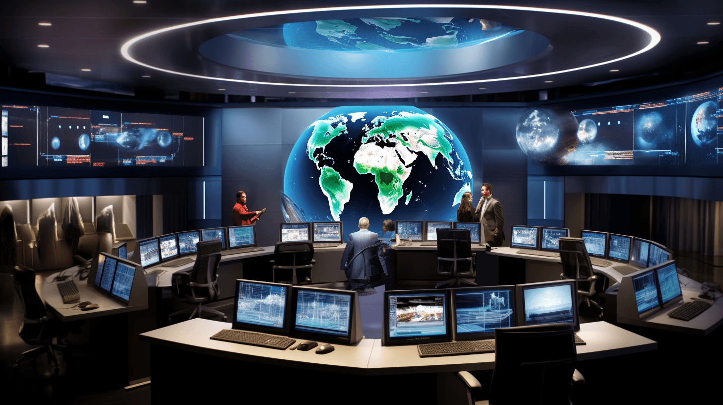 Cybersecurity-Team arbeitet vor Monitoren in einem dunklen Raum, fokussiert auf eine zentrale holographische Netzwerkdarstellung.