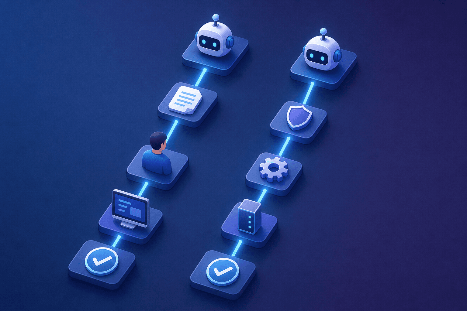 A clean isometric illustration showing two parallel workflow paths side by side. On the left, a linear chain with a robot icon, a document card, a human figure, a computer screen, and a checkmark — representing a human-in-the-loop process. On the right, a streamlined path with a robot icon connecting directly through a series of interconnected system nodes (a shield, a gear, a device) straight to a checkmark — representing autonomous end-to-end execution. Soft blue and purple gradient tones, modern flat design, glowing connection lines, no text or labels anywhere in the image.