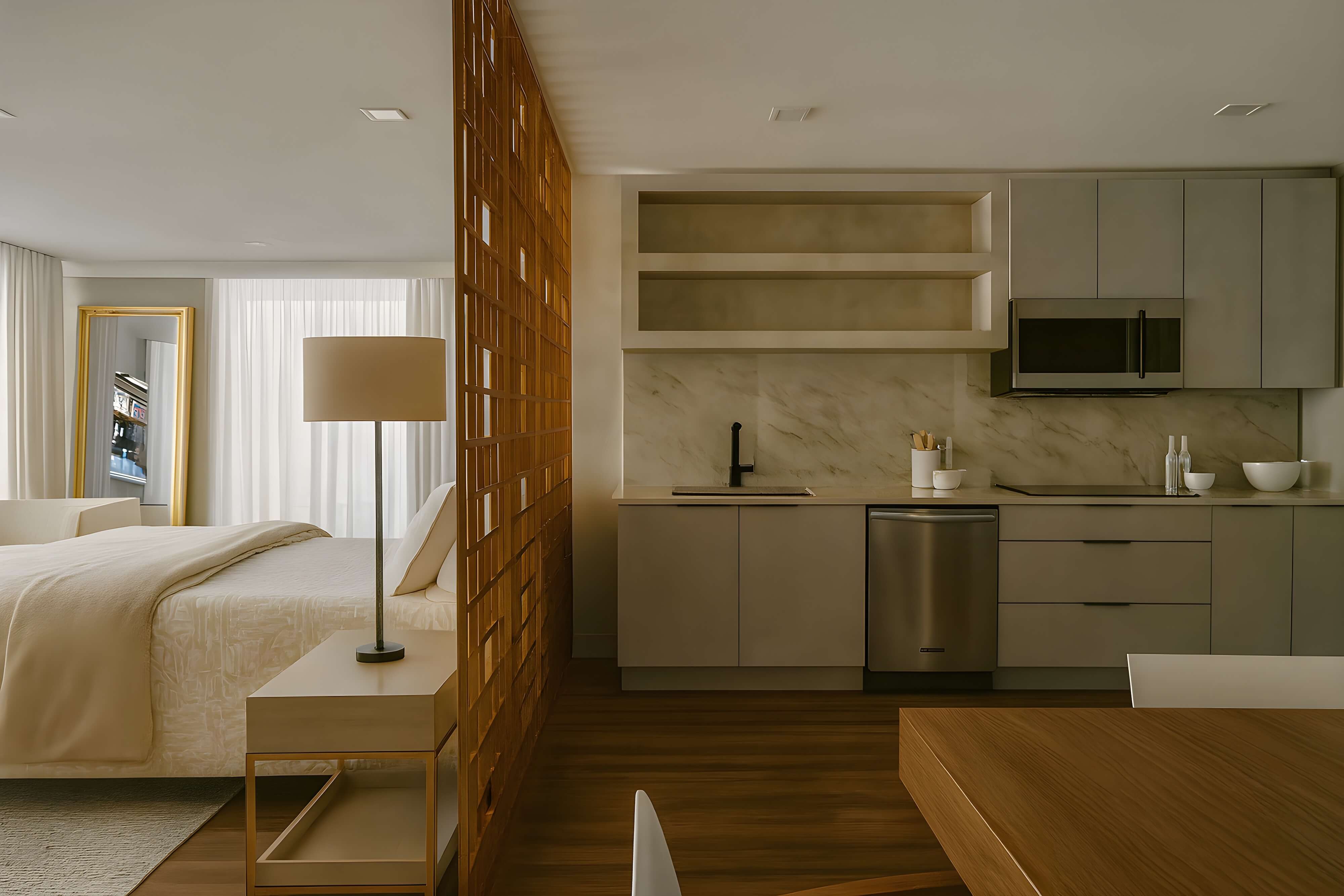 Modern studio apartment with partitioned bedroom and kitchen area, featuring marble backsplash, minimalist cabinetry, and warm wood accents.