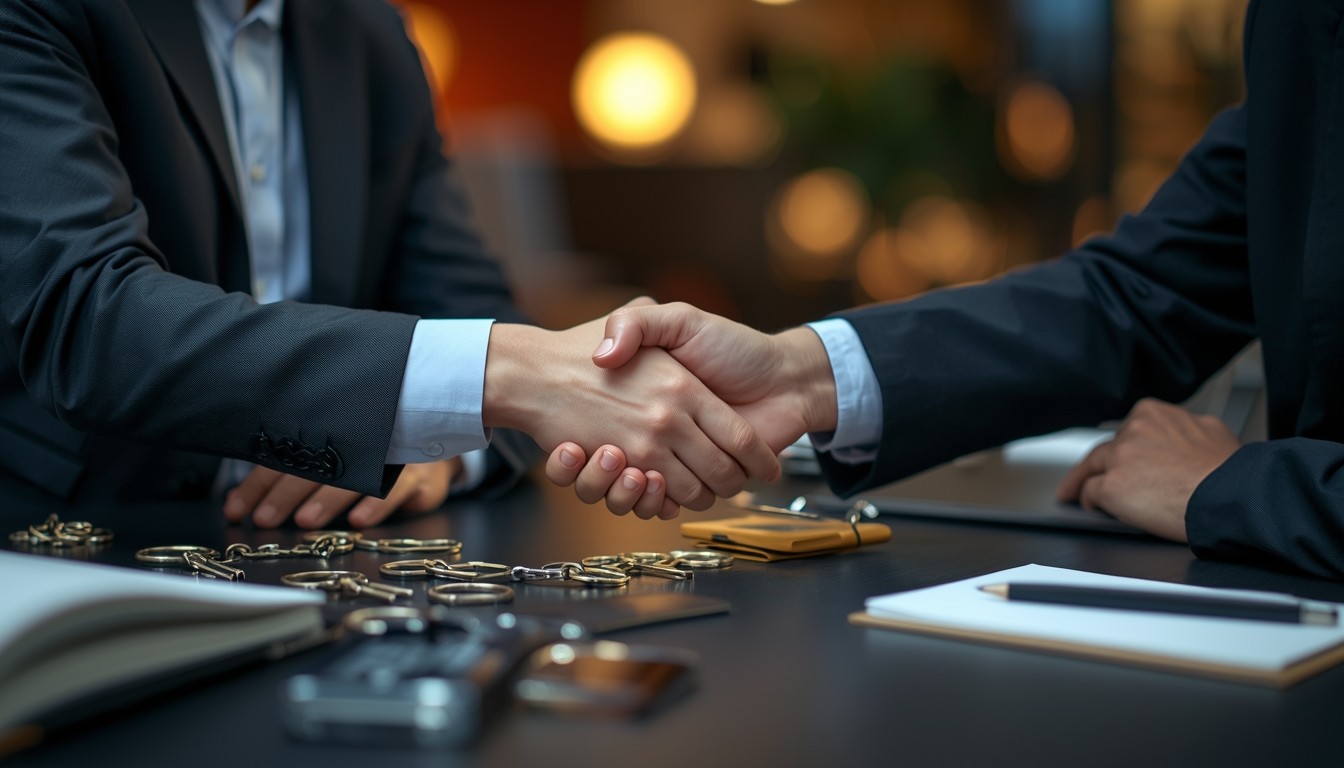 A professional business meeting between a supplier and shop owner, discussing custom keychains and office accessories, handshake moment, desk with samples and notebook, warm lighting, modern workspace, slightly blurred background, realistic, no text