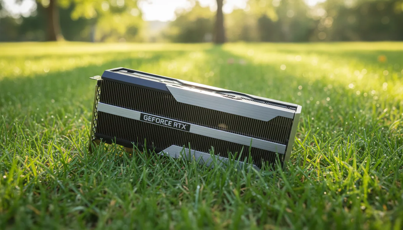 DSLR product photography of an NVIDIA RTX 4060 Founders Edition graphics card, lying on a bed of lush green grass. The shot is captured under bright, natural daylight, with sharp focus on the matte black and brushed silver metal textures of the GPU. The card is positioned diagonally, with a shallow depth of field that softly blurs the grass in the background.