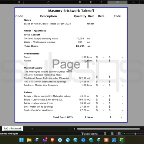 screenshot of final brick takeoff with quantities using microsoft excel workbook by SubsQS Ltd