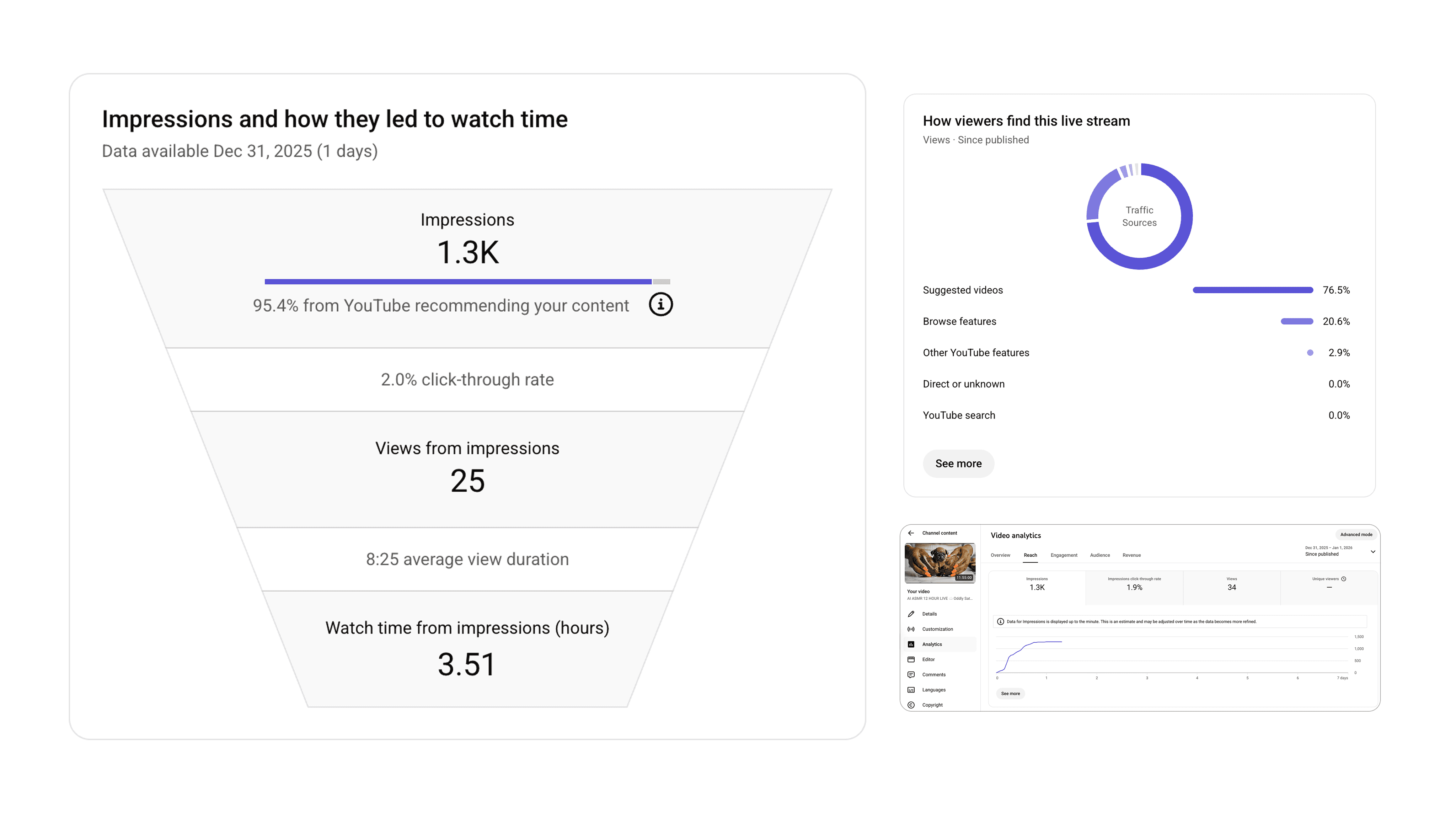 YouTube Studio analytics for Fruit Pets stream — 1.3K impressions, 8:25 average view duration record