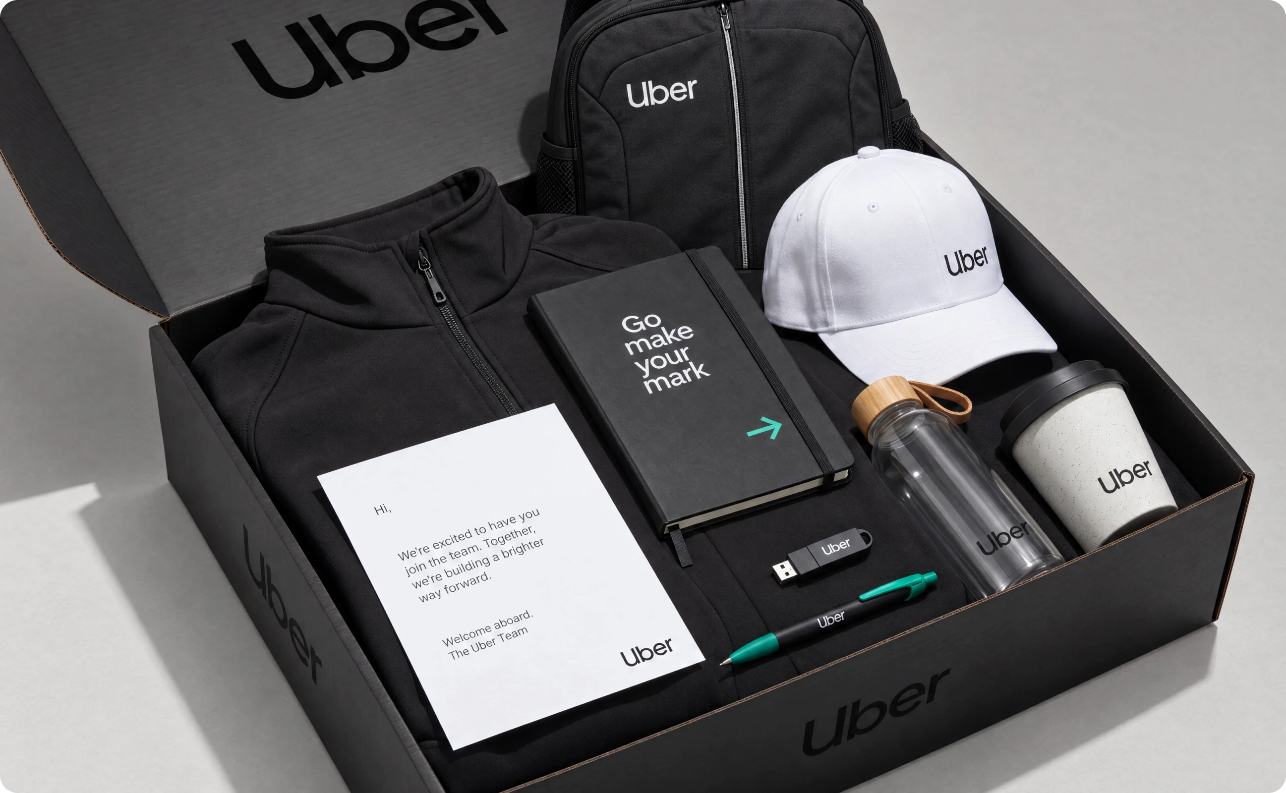 Uber's new hire kit, with jacket, backpack, insert card, notebook, USB, pen, cap, tumbler, and coffee cup.