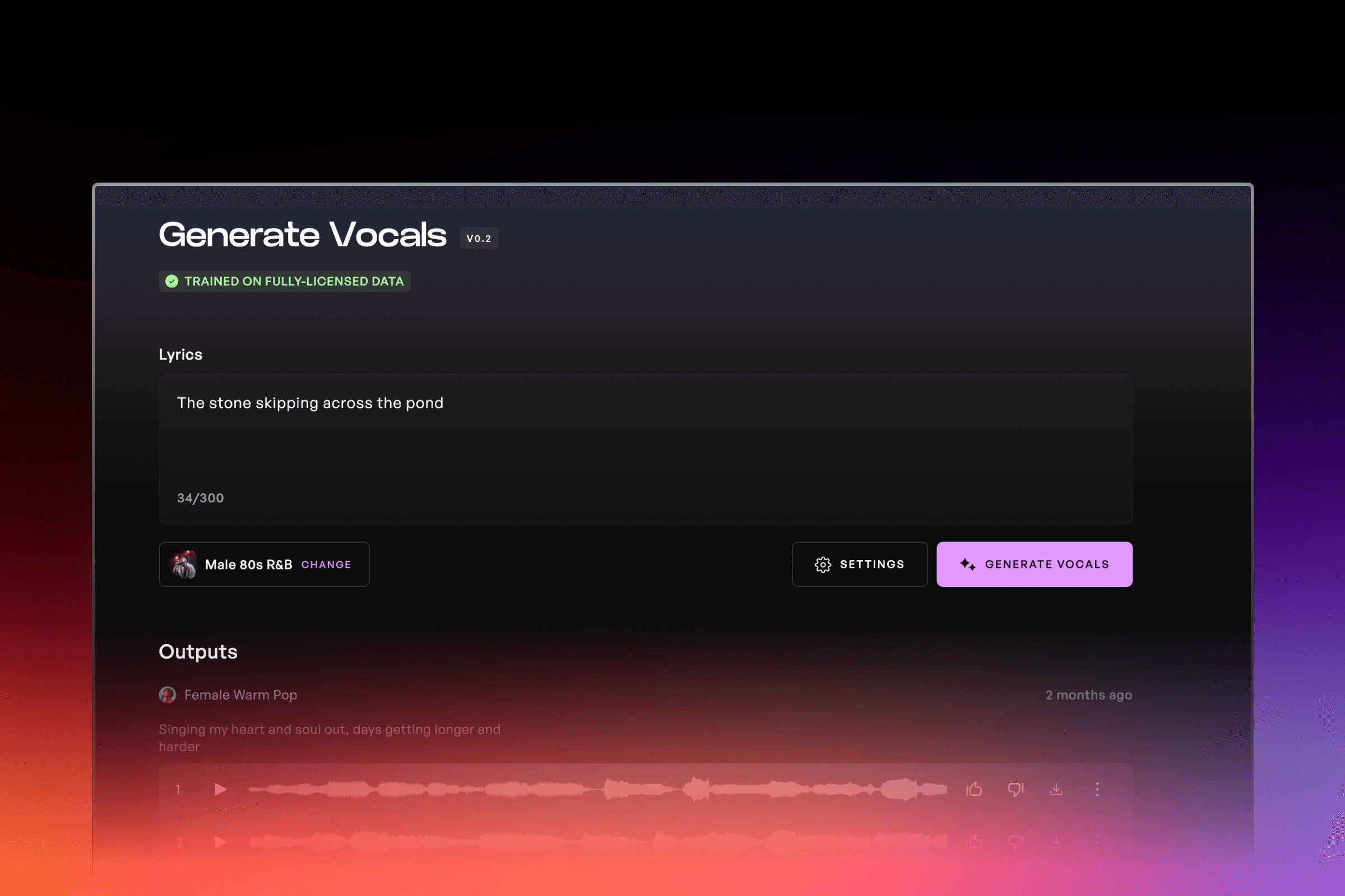 An open layout of the Kits AI Vocal Generator tool