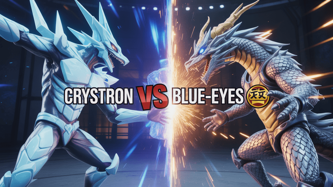 Crystron Quariongandrax clashes with Blue-Eyes in dark arena with blue gold explosion and matchup text