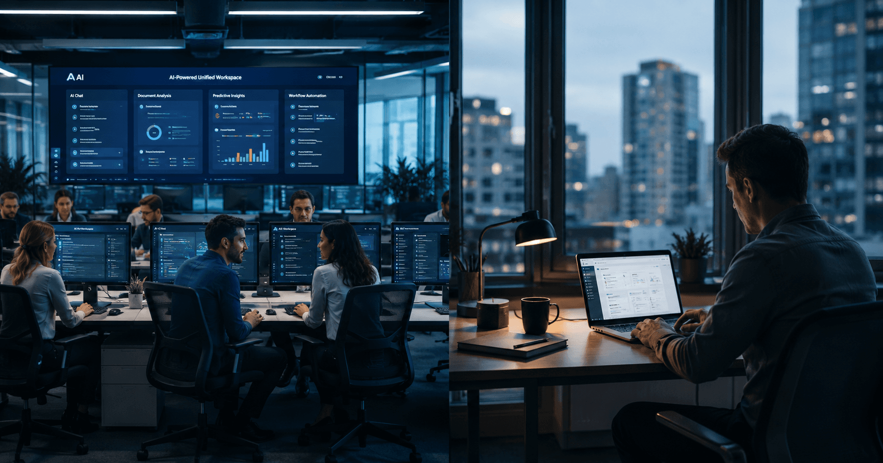 Split-screen corporate office showing contrast between connected enterprise AI collaboration and isolated individual software use. Left side features teams working together at sleek modern workstations with unified AI dashboards and cool blue lighting. Right side shows a lone employee working independently on a laptop with separate software, visually disconnected from the larger team environment. Cinematic, photorealistic modern workplace scene.