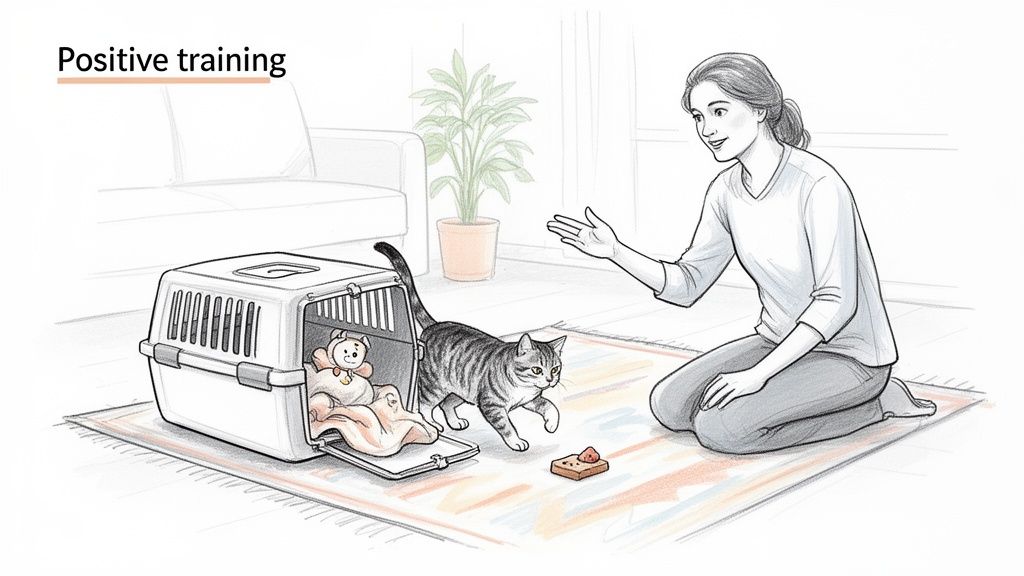 A woman uses treats to encourage a tabby cat to explore outside its portable carrier during positive training.