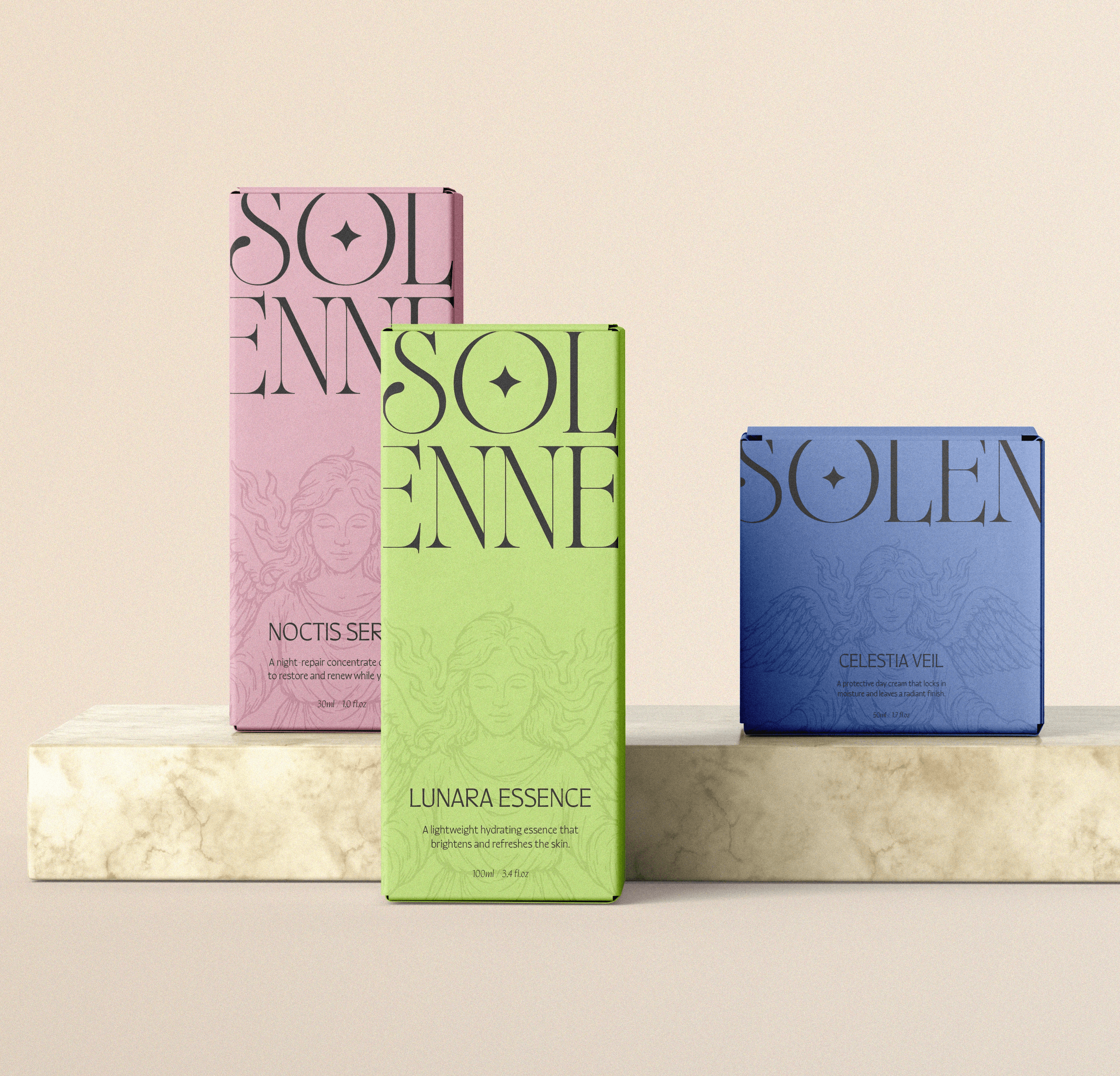 Packaging mockups for a beauty brand in baby pink, pastel green, and blue colours
