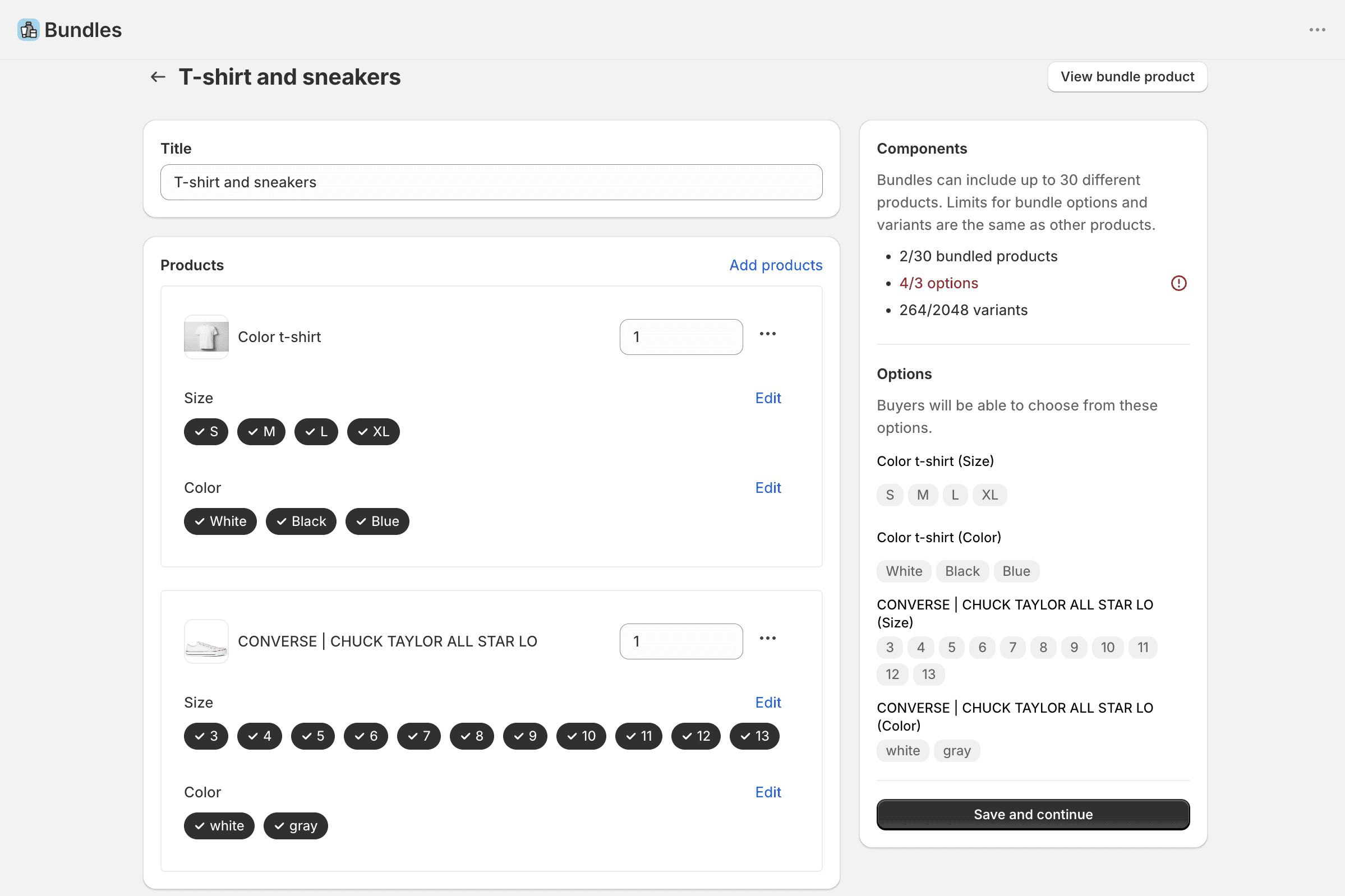 Shopify Bundles editor refusing a t-shirt and sneakers bundle at 4 of 3 options