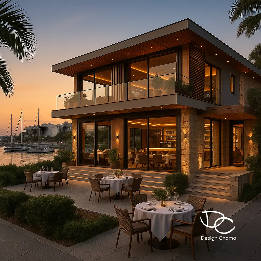 Εστιατόριο στο Πασαλιμάνι με θέα τη μαρίνα και ζεστό φωτισμό το ηλιοβασίλεμα.