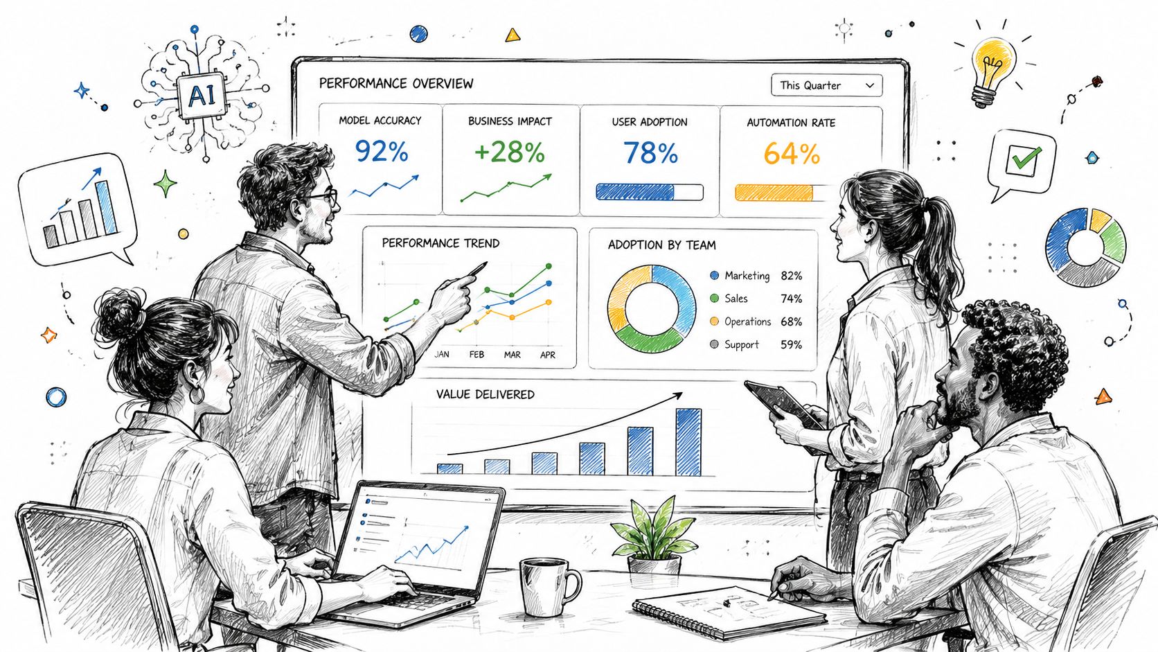 A diverse team collaborating in an office while reviewing AI performance metrics on a large digital screen.
