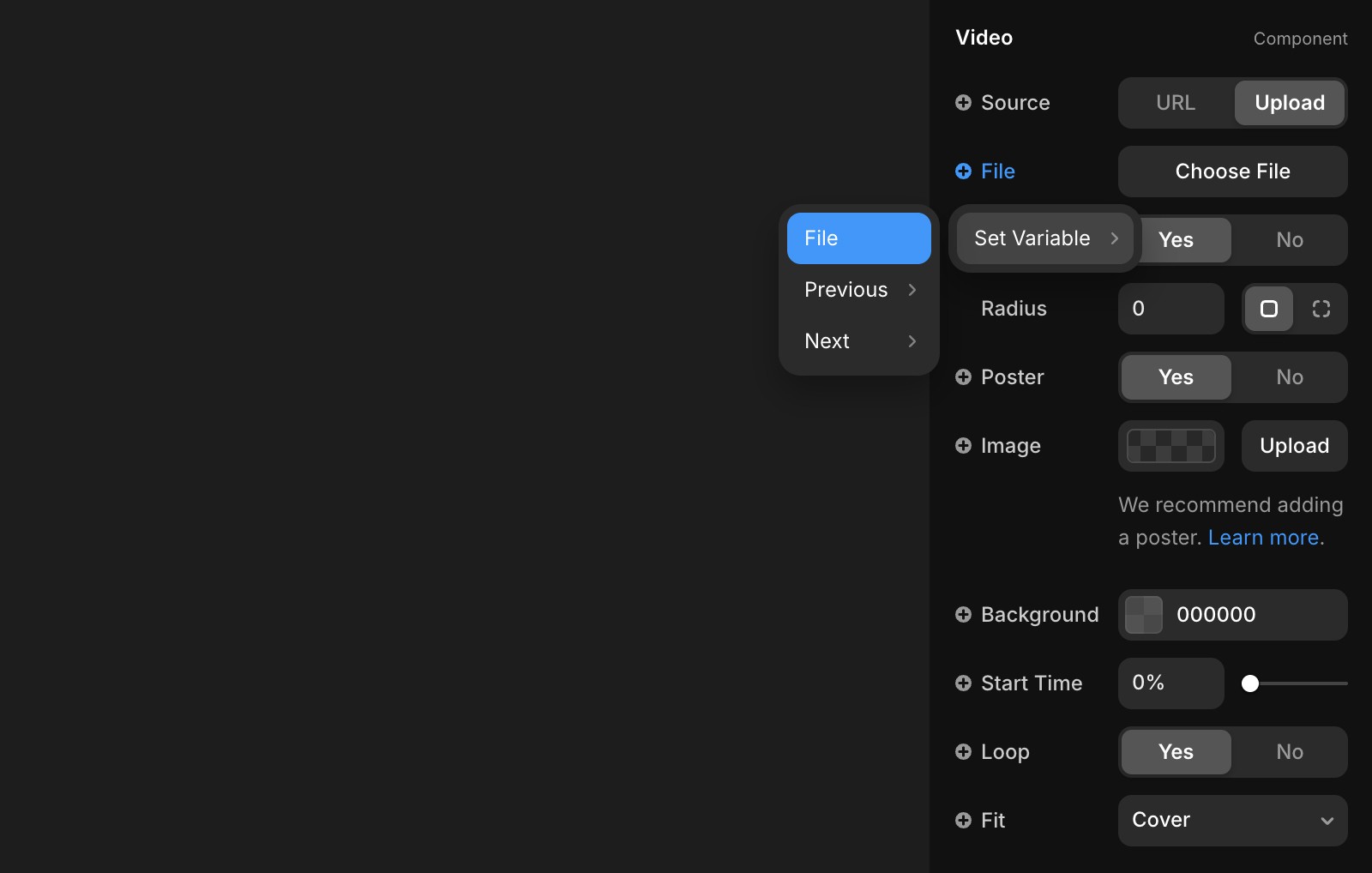 A screenshot of the Framer video component settings panel. The interface shows a Video component with "Upload" selected as the source type. Below this, there's a "File" field with a "Set Variable" button and a dropdown menu for selecting CMS variables. The panel also displays options for poster image, radius, start time, loop settings, and fit mode. This illustrates how to connect a CMS file field to a video component in Framer.