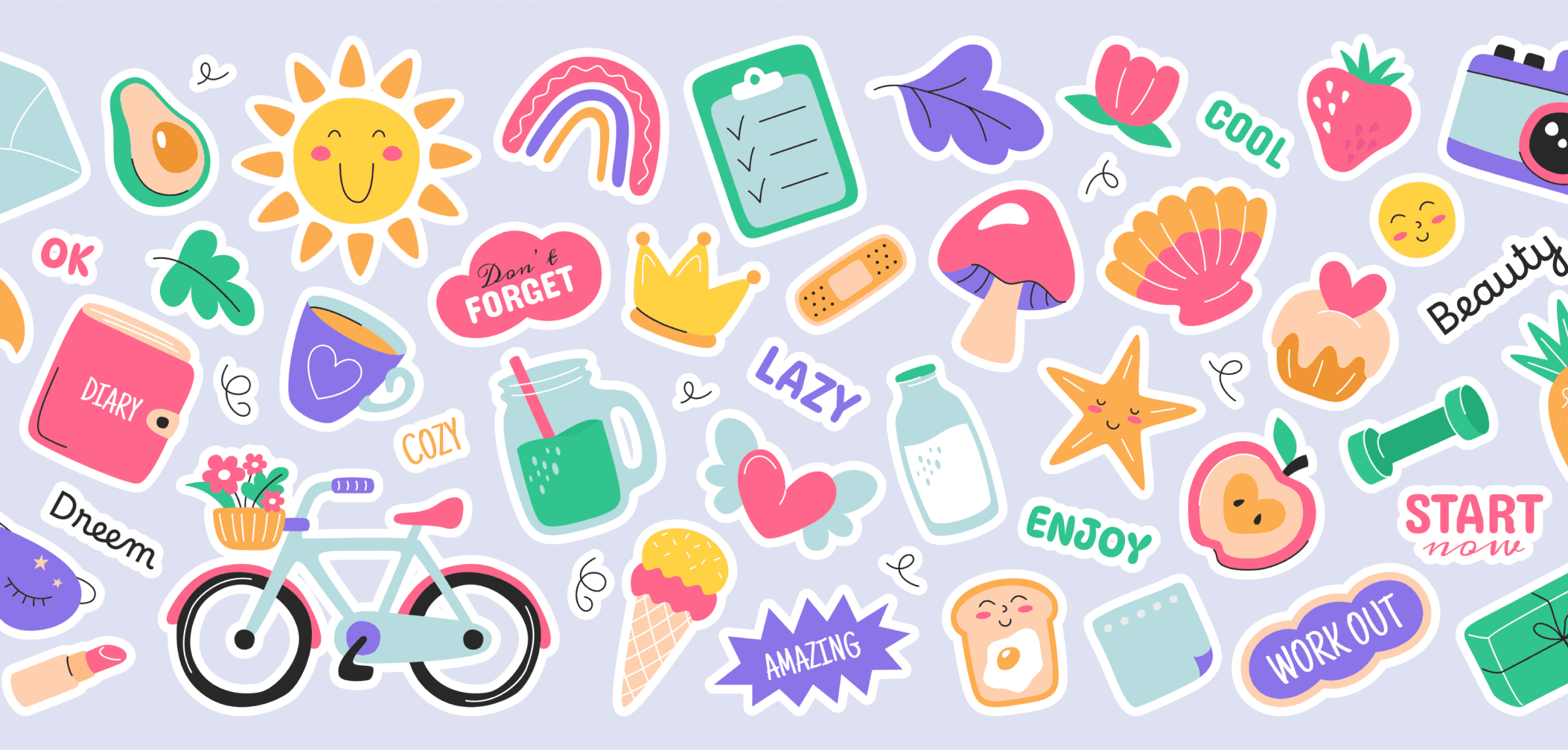 Colorful collection of cute illustrated stickers including a sun, rainbow, bike, coffee cup, and motivational words.