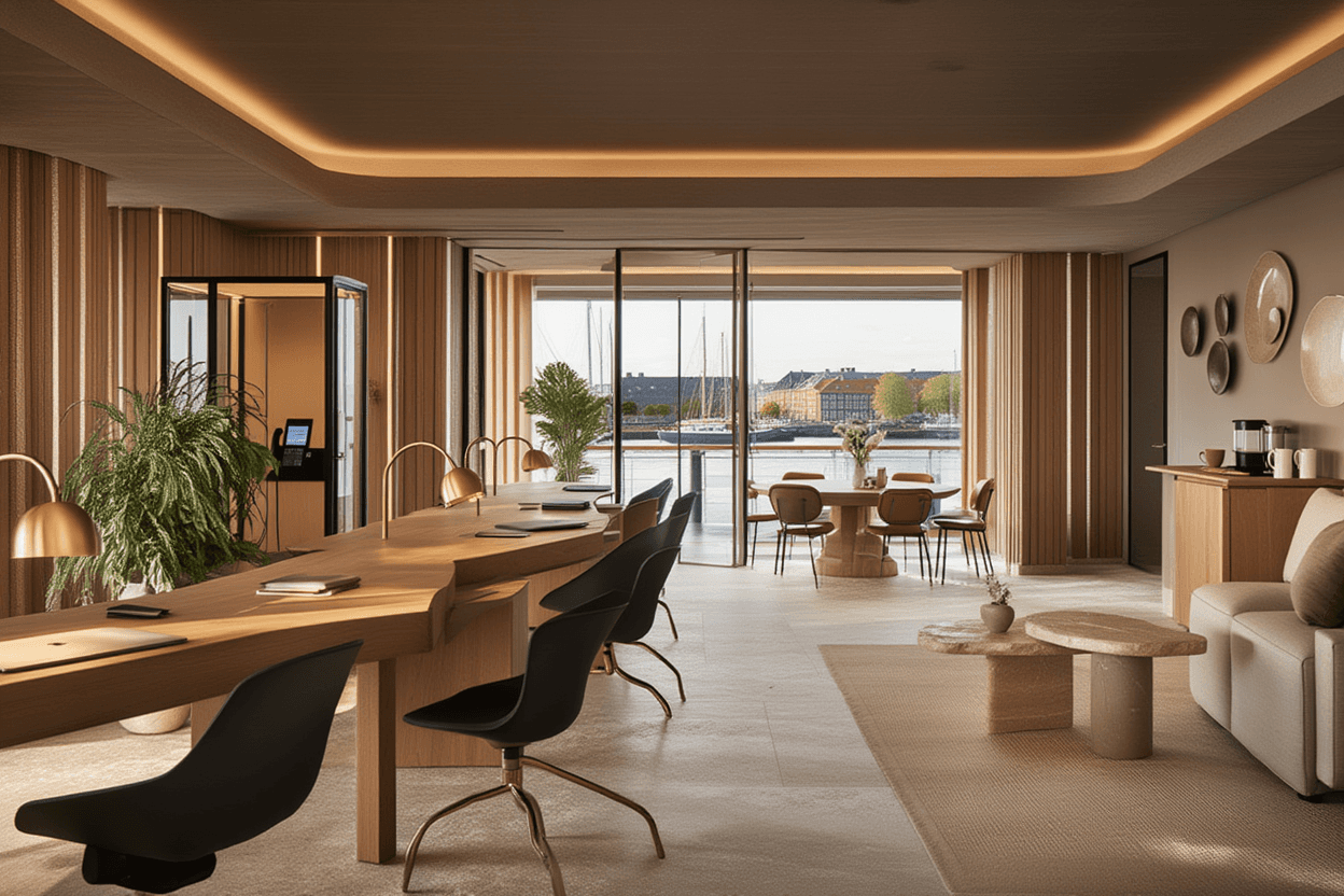 Modern residential interior with warm wood finishes and waterfront views