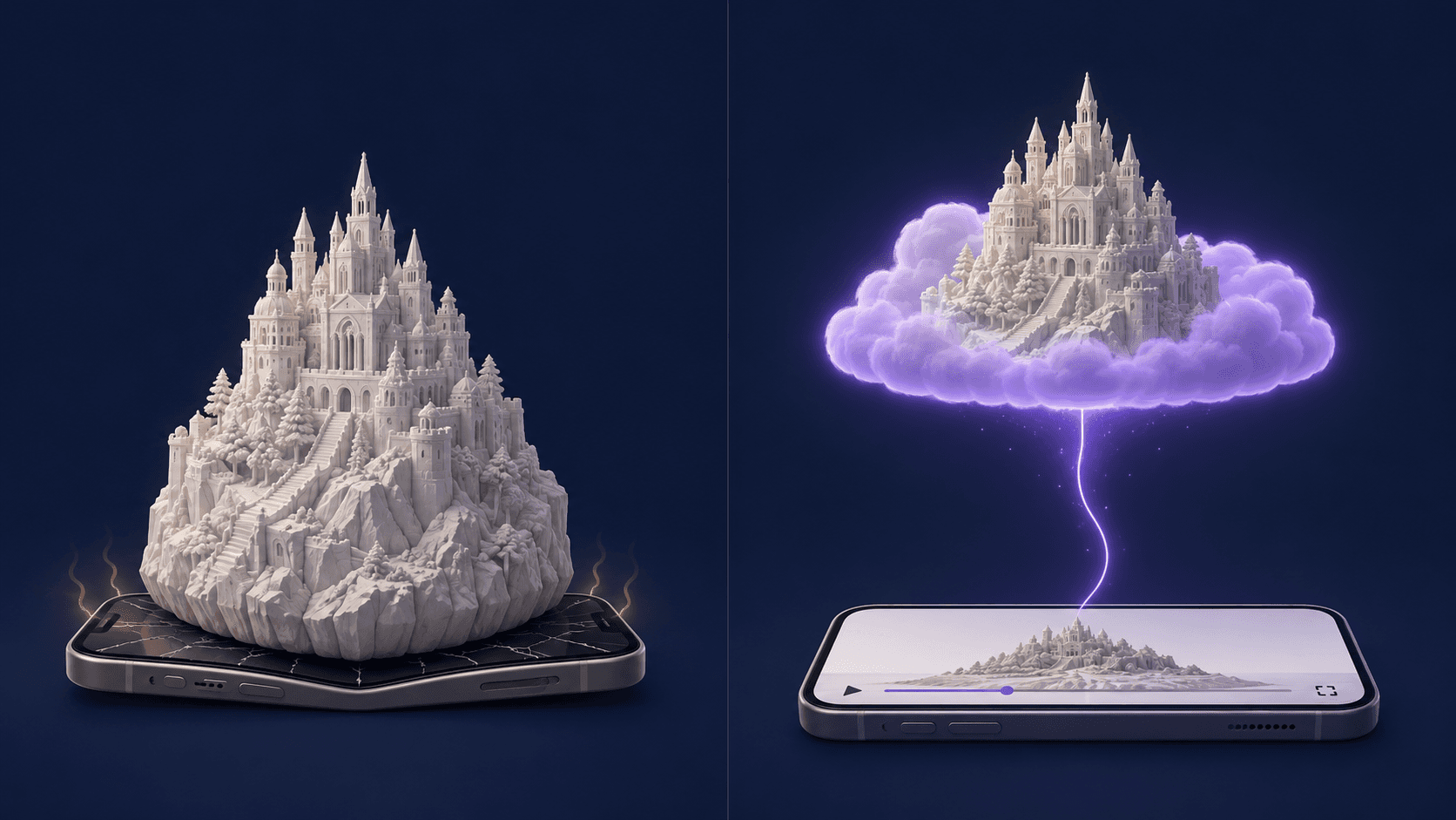 On-device rendering straining a phone versus pixel streaming the same scene from the cloud