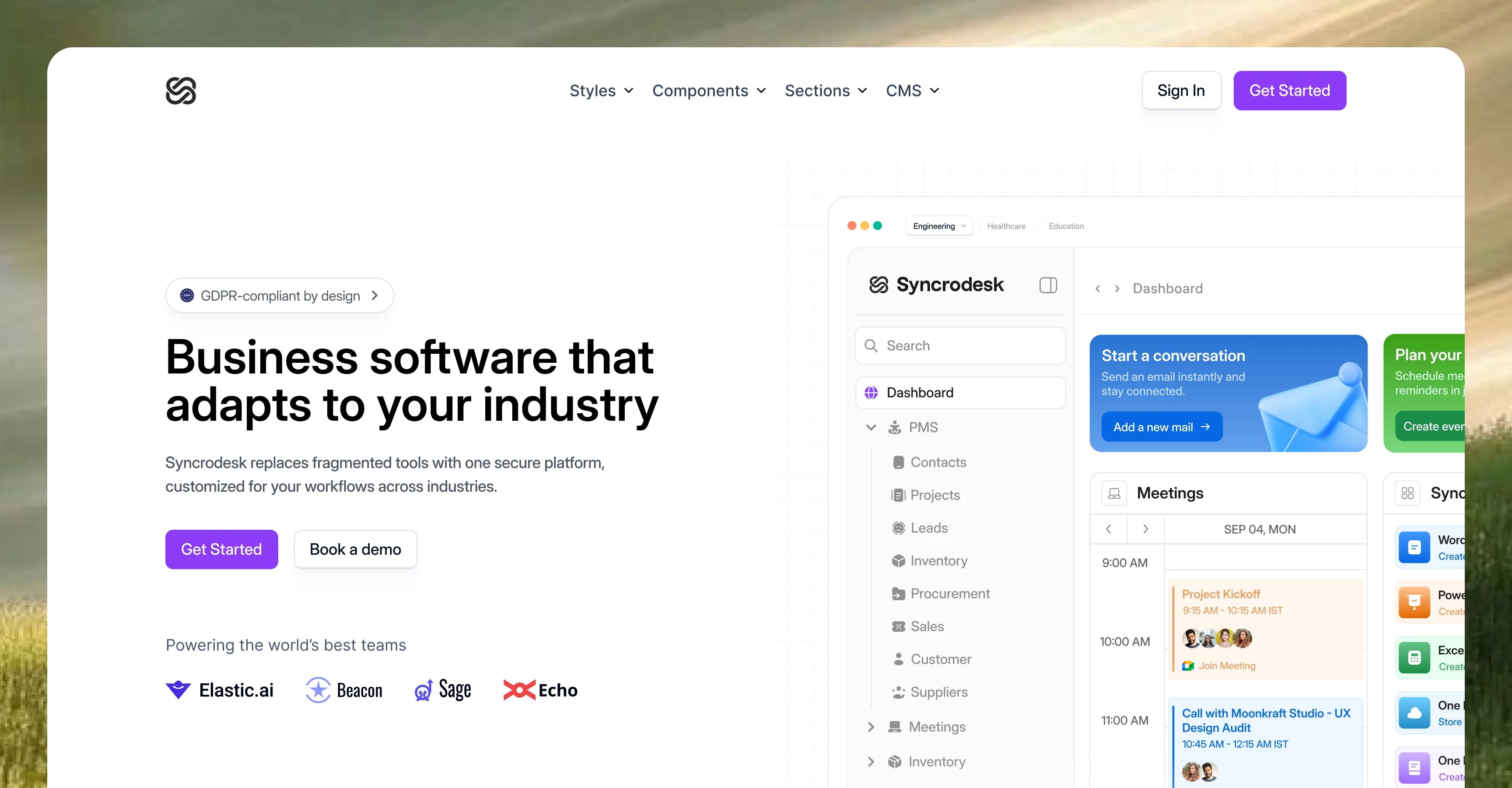 A business traveler with a suitcase gazes out a large airport window as a plane takes off, symbolizing seamless corporate travel and easy bookings, with an adjacent web interface highlighting travel services and contact options.