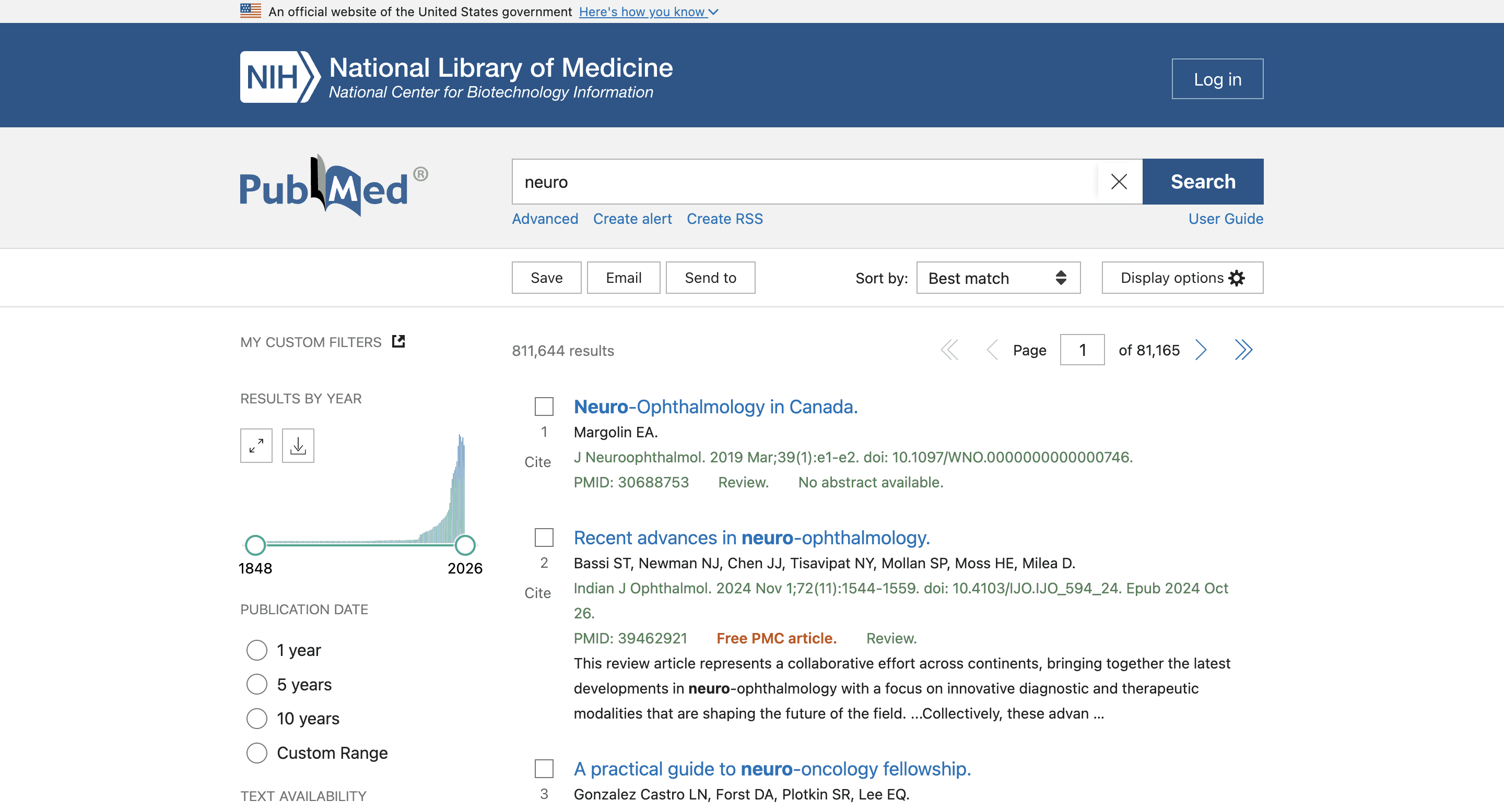 PubMed website showing a list of articles for the search term Neuro