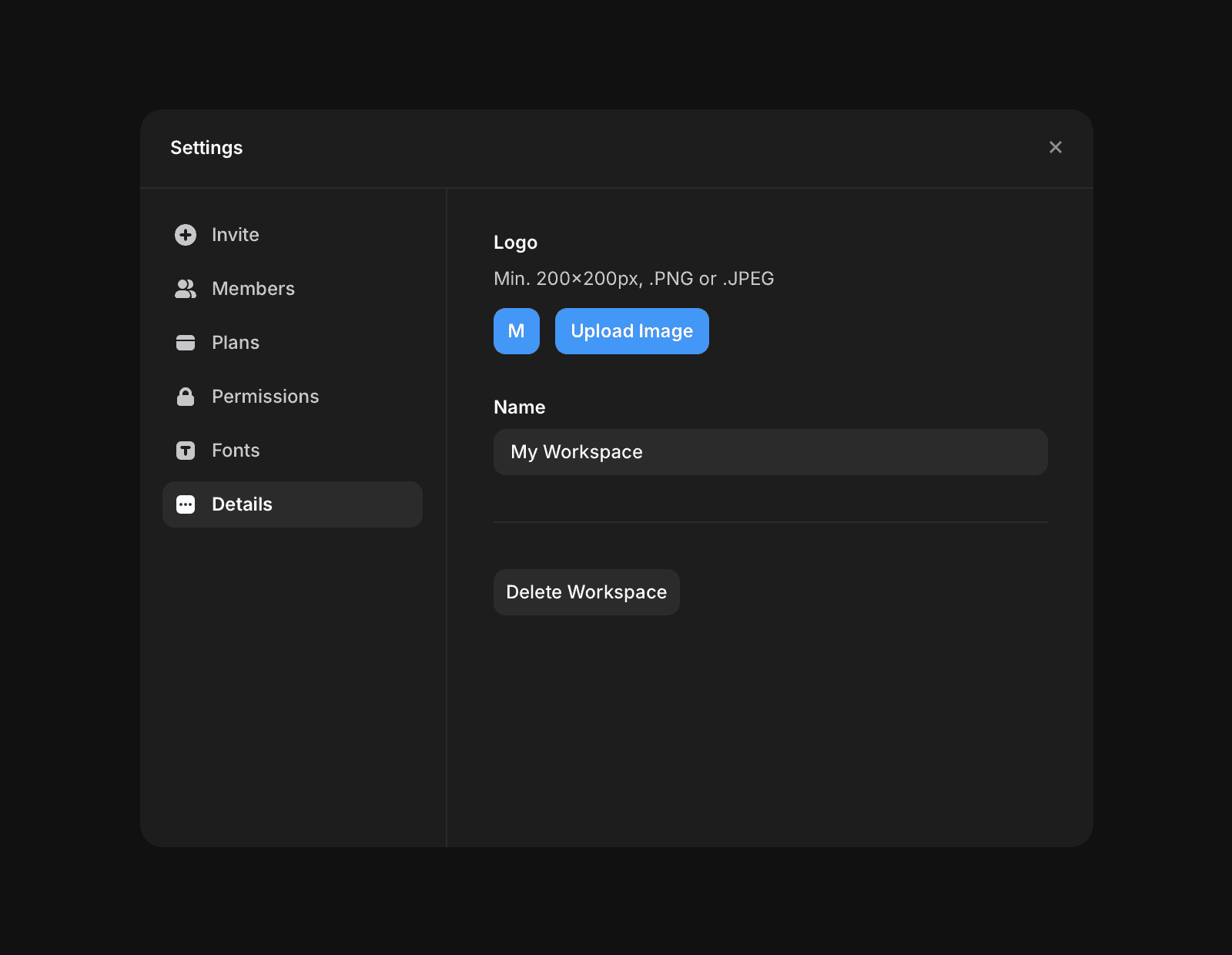 深色主题的设置界面，已打开“详细信息”标签页。面板允许用户上传工作区标志，格式为 PNG 或 JPEG，最小分辨率为 200x200 像素。文本字段显示工作区名称为“我的工作区”，底部有一个“删除工作区”按钮。