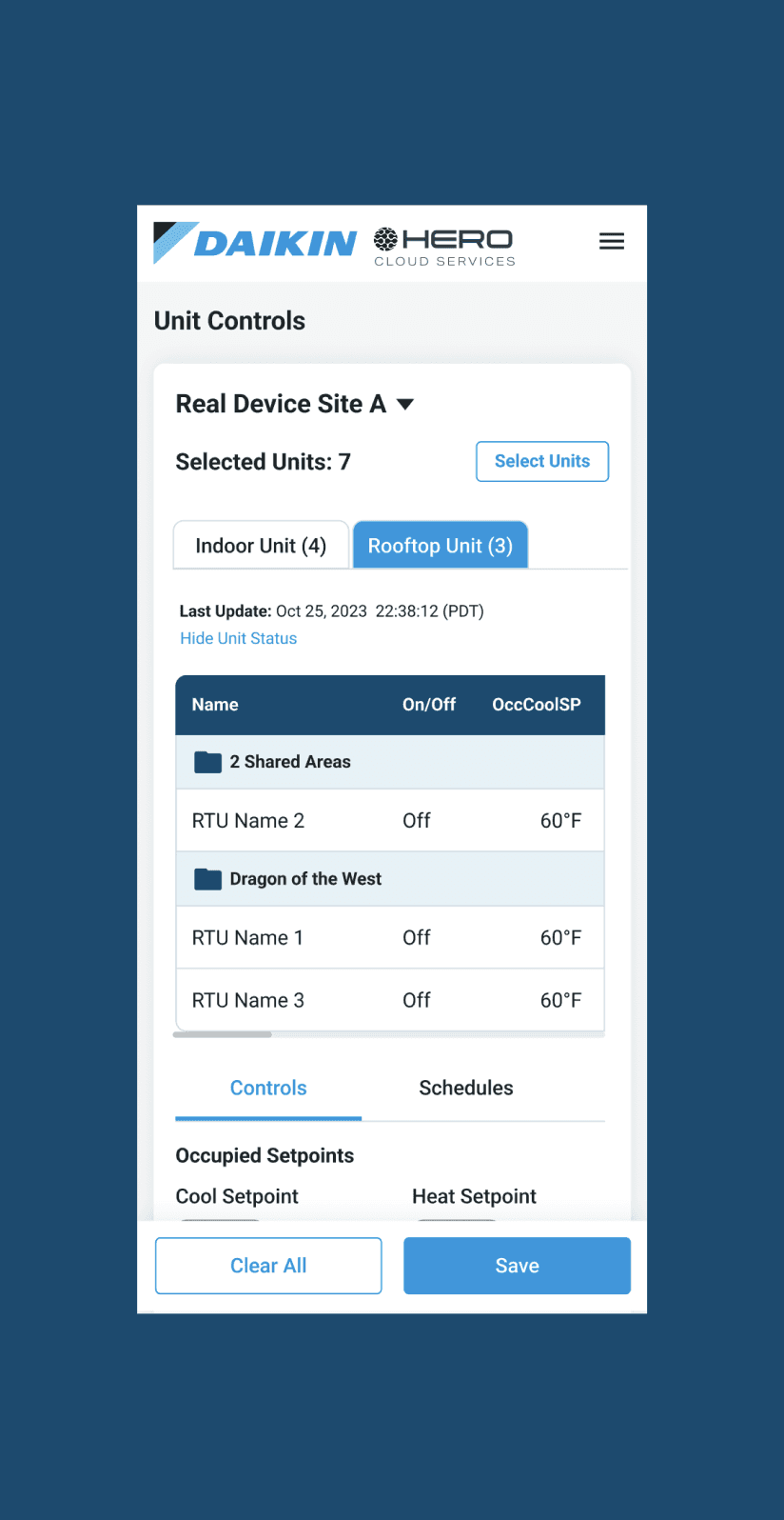 Mobile version of the HVAC controls