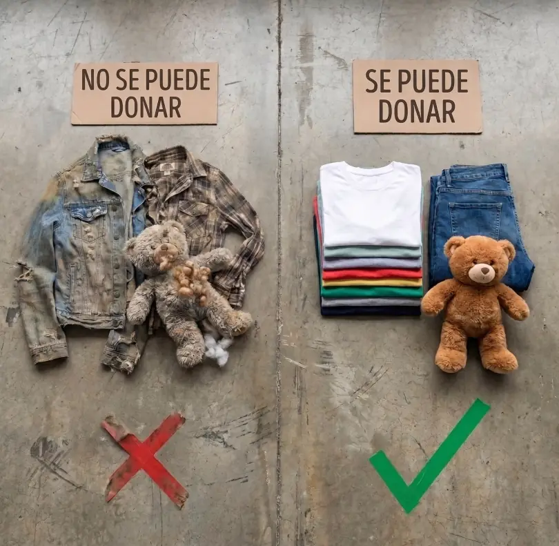 Comparativa de clasificación para donar ropa y juguetes, mostrando prendas desgastadas y juguetes rotos frente a artículos limpios y en buen estado.