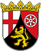 Wappen des Bundeslandes Rheinland-Pfalz: Geteiltes Wappen mit Kreuz, Löwe und Rad.