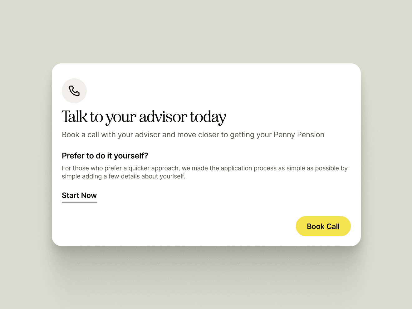 Penny interface prompting users to book a call with their advisor or start the application process.