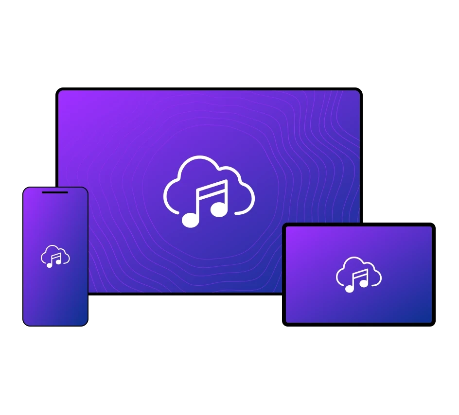 Three devices with a purple background display music note icons, representing music streaming or applications.