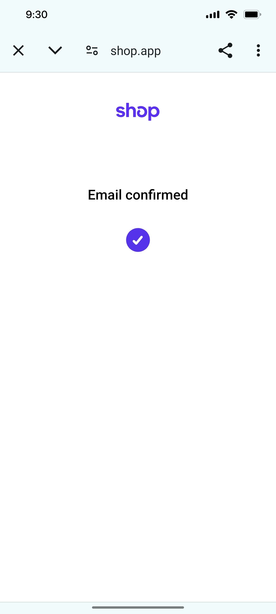 Shop App Email confirmed screen