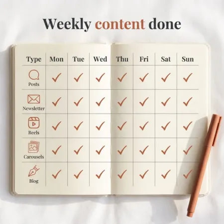 Weekly content planner showing posts, newsletter, reels, carousels and blog ticked for every day of the week, illustrating the “Content Creation & Education Prompt Pack” for menopause coaches