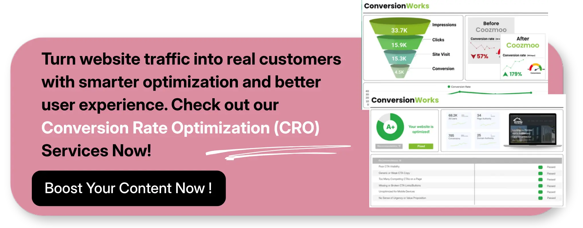 Conversion Rate Optimization (CRO) service banner showcasing website traffic growth, conversion analytics dashboard, and user experience optimization