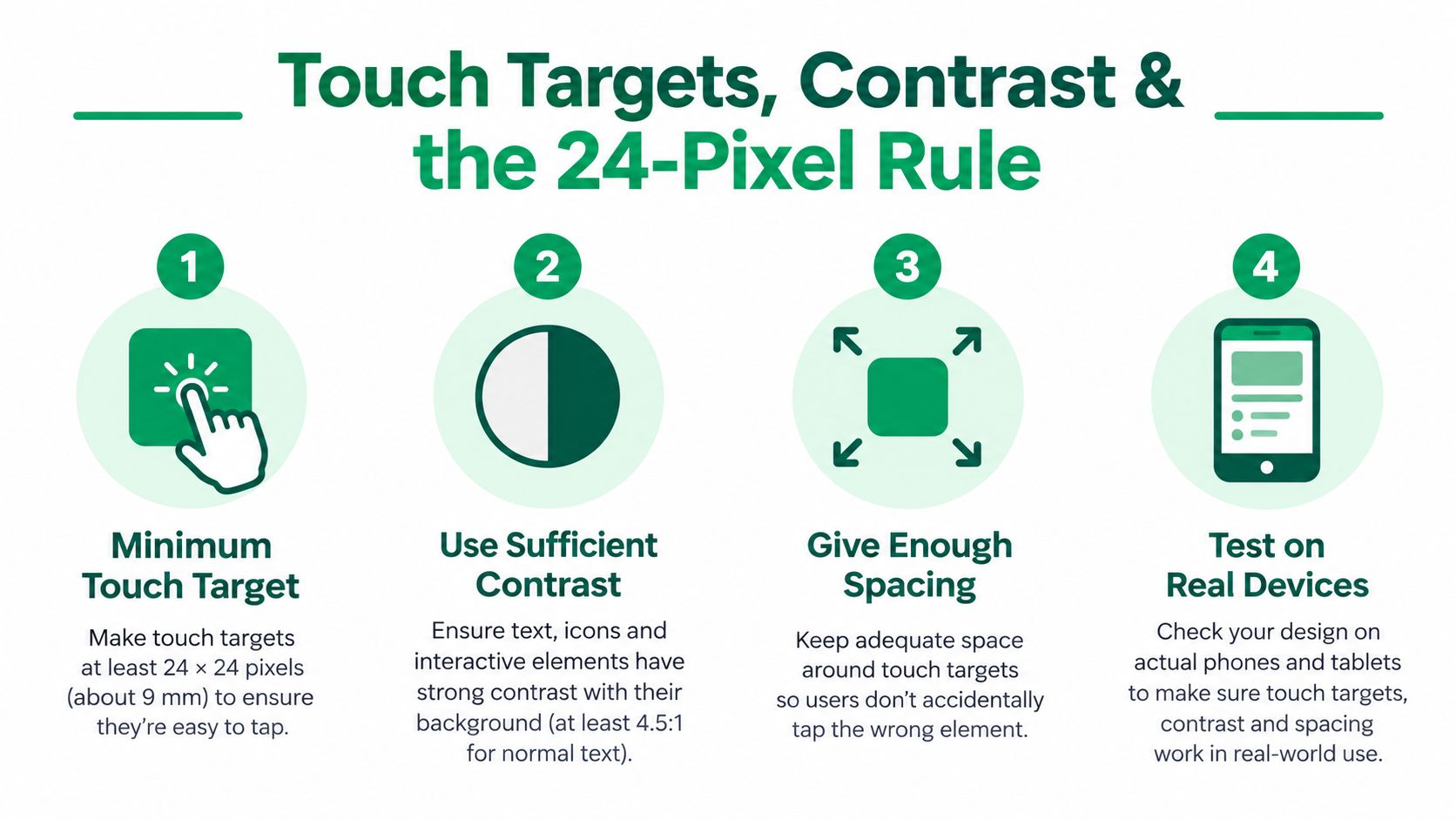 An infographic illustrating four key accessibility guidelines for mobile design: touch targets, contrast, spacing, and device testing.